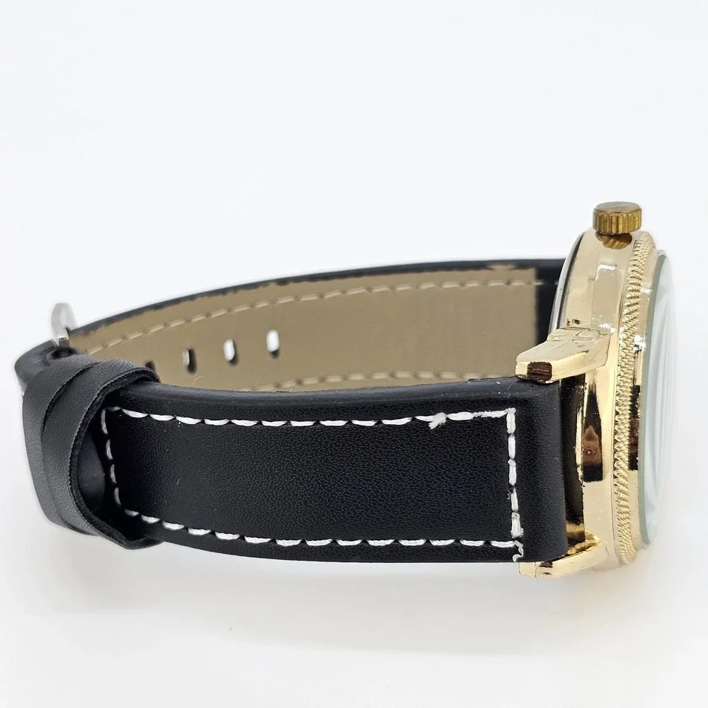 Men's Watch 44MM Black Dial New‎ Black Faux Leather Bands New Battery